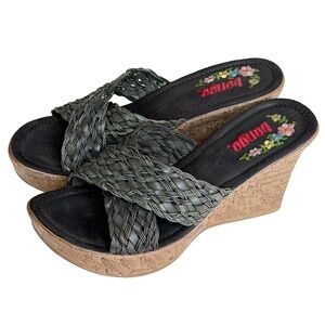 Y2K Bongo Wedge Sandals Size 7.5 Braided Black Chunky Faux Wood Platform 90's